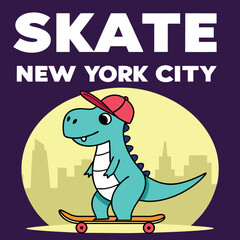 Cute Dinosaur Skateboarder in New York City T-shirt Design for Kids.