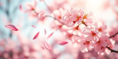 Obraz premium Delicate pink sakura petals swirling in a gentle breeze against a blurred background, peaceful, pink