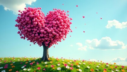 Colorful heart shaped tree in bloom on sunny spring day, love symbol, sunny, colorful