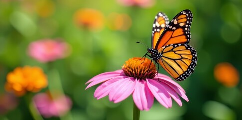 Naklejka premium Colorful image of two monarch butterflies perched on a delicate pink cone flower in a garden, garden, pollination, wildlife