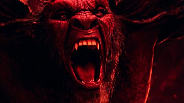 Fiery demon emergence: intense creature roaring amidst lava eruption