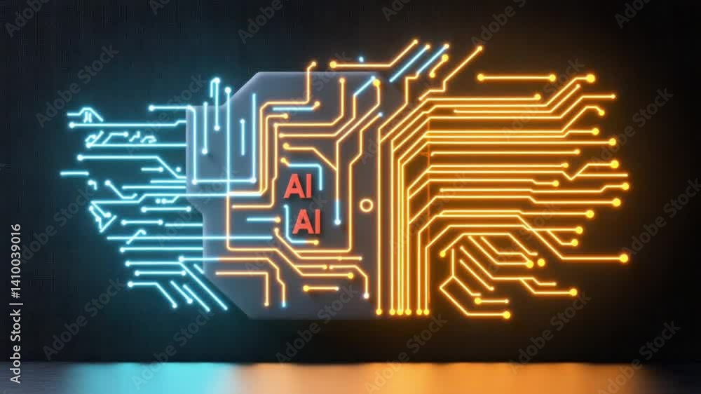 Poster ai circuit board glow: abstract neon glow circuit board design featuring the letters ai, symbolizing