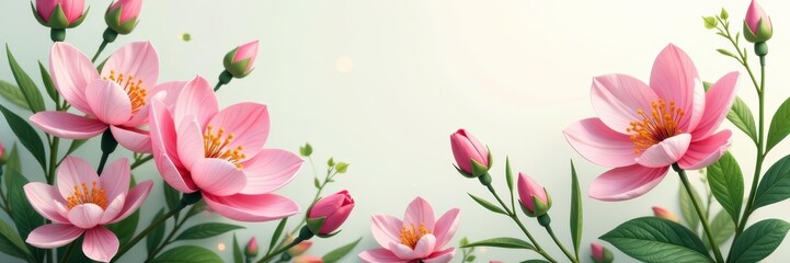 Fototapeta premium Elegant botanical design featuring delicate pink flowers and fresh green foliage, elegant, delicate, green