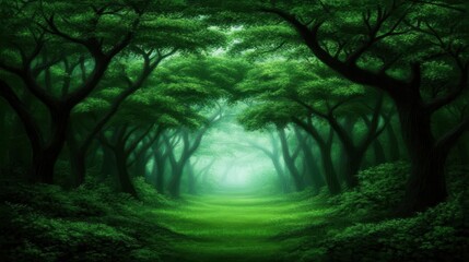 A serene forest scene with lush greenery and a pathway leading into a tranquil, misty atmosphere.