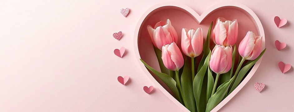 Tulips Bouquet inside Pink Heart, Valentines Day theme with Cute Heart on Background