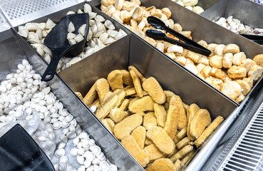 Frozen semi-finished products in a grocery store. A good natural product for fast cooking delicious food
