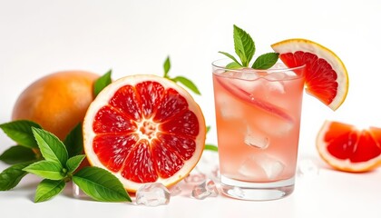 Pink grapefruit vodka cocktail, ice, summer drink, refreshing, white background, food photography, photography