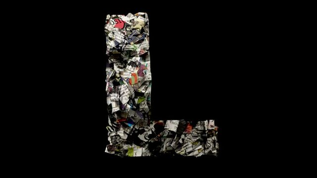 Letter L with cut up newspaper isolated on black loop 