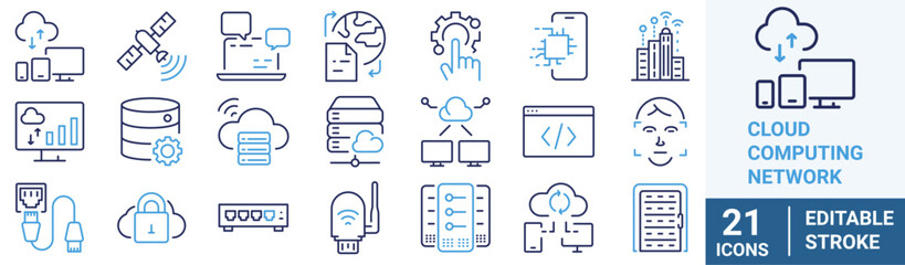 Set of line icons related to cloud computing, cloud services, server, cyber security, digital transformation. Outline icon collection. Editable stroke. Vector illustration