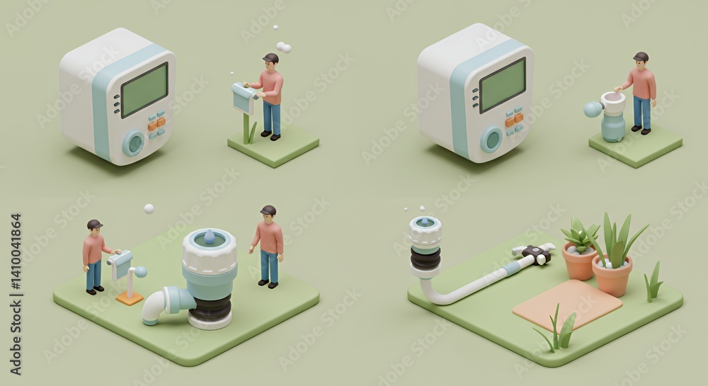 Poster pastel isometric 3d rendering of smart irrigation controller and miniature figures