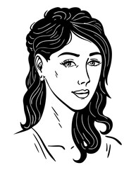 Portrait of a beautiful brunette girl. Young woman. Vector black and white art illustration. Hand drawn outline