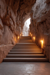 Stairway lit with wall sconces leading through a canyon to the bright daylight. Dreamy journey.