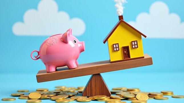 Balancing Act Savings For ADream Home Piggy Bank Weighs Against Miniature House Surrounded By Golden Coins Representing Financial Goals And Homeownership Aspirations - Powered by Adobe