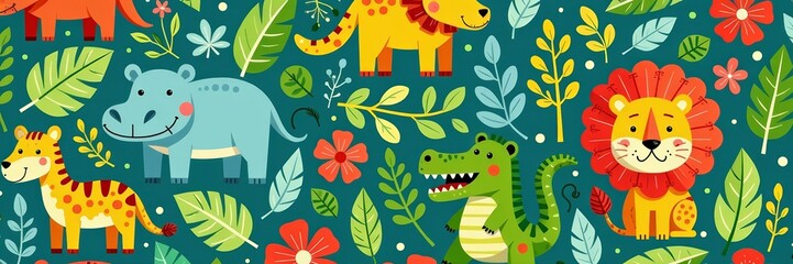 Playful and colorful safari animals including hippo, crocodile, lion in a seamless pattern, Africa, Fun