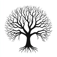 Silhouetted, bare tree, circular design.  Rooted, branches spread wide