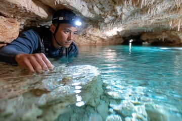 An adventurous explorer investigates a stunning underground cave with crystal-clear waters, revealing the wonders of nature and the thrill of exploration in a breathtaking setting.