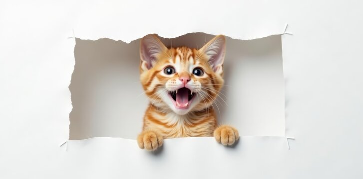 Playful kitty looking up through ripped paper, white backdrop, torn paper, background