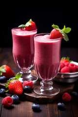 Berry smoothie in glasses in two glasses on dark background with fresh berries in white kitchen