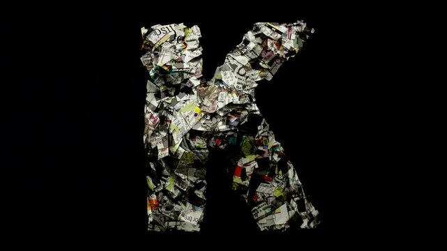 the letter K with cut up newspaper isolated on blacl loop