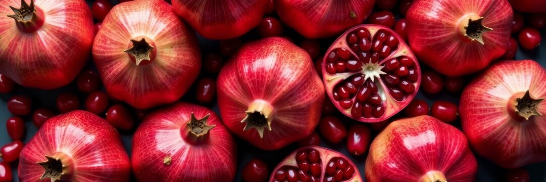 Pomegranate seeds arranged in artistic layout from above, design, seeds, arrangement