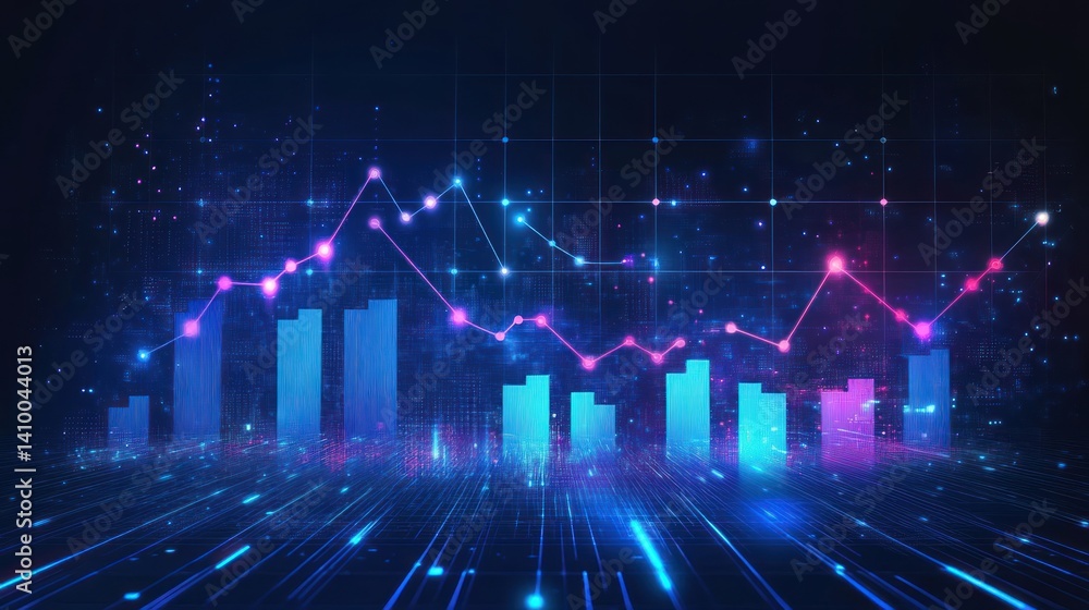 Poster a vibrant digital graph depicting data trends with neon colors, representing data analysis and techn