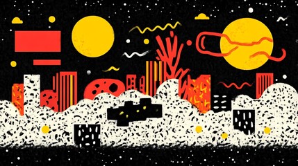 Abstract Cityscape with Celestial Bodies and Geometric Shapes