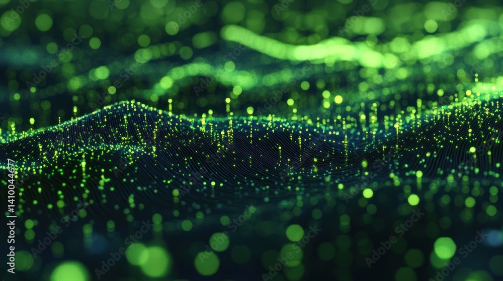 Poster a vibrant green digital landscape displays flowing data points, creating a mesmerizing visualization