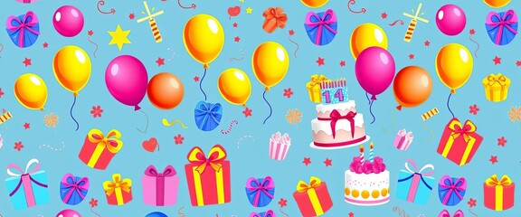 Colorful birthday seamless pattern with gifts, balloons, and cake, bright, illustration