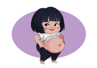 Cute woman cartoon feel fat. holidng her stomach. beauty healthcare Illustration