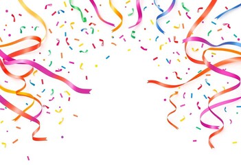 Obraz premium Colorful confetti and serpentine ribbons burst from center on white background Modern, simple, festive design, confetti, holiday