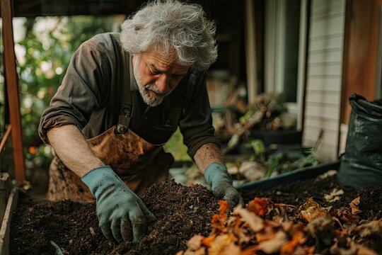 Elderly man tending to compost, carefully mixing soil and fallen leaves in a garden bed