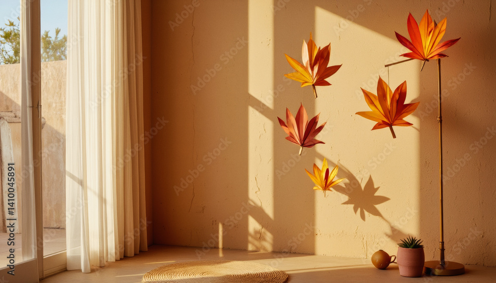 Poster everyday objects - for downstream advertisement and design: warm sunlight streams into a minimalist 