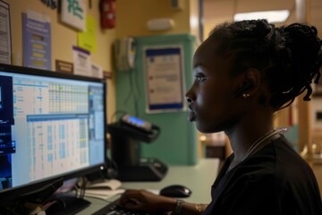 Registered nurse reviews patient charts on a computer monitor at nursing station
