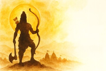 Naklejka premium Watercolor illustration for parshuram jayanti with a lord parshuram holding an axe and bow.