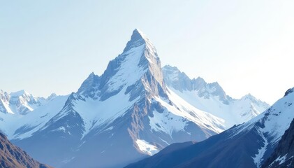 Fototapeta premium Snow-covered mountain peak against pristine white sky, rocks, high altitude, photography