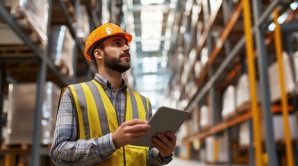 A warehouse worker utilizes a tablet for inventory management while observing the organized storage space.