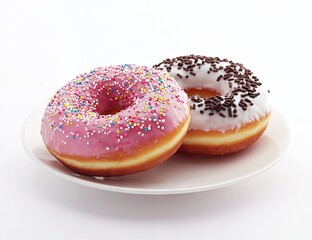 Two glazed donuts, one pink with sprinkles, one white with chocolate sprinkles, on a plate