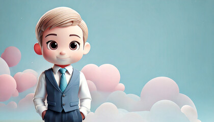 Adorable cartoon boy in vest suit with dreamy cloud background