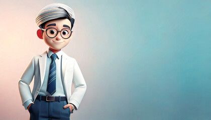 Adorable cartoon boy in vest suit with dreamy cloud background