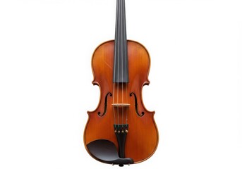 Fototapeta premium A violin with a brown body and black strings against a plain white background in a studio shot