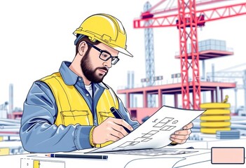Construction site engineer at work, single-line drawing, abstract, architecture