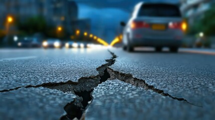 Earthquake impact busy city buildings Cracked road surface with a car in the background at dusk.