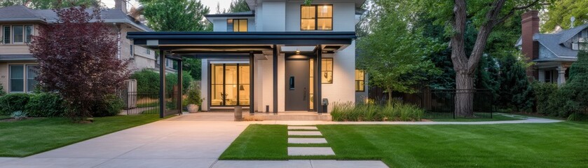 Contemporary porch with a minimalist design, featuring a sleek metal door and integrated lighting, a stylish and modern entryway - high-end modern lighting fashionable urban