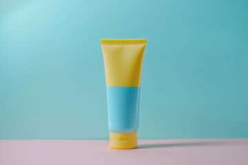 A light blue and yellow plastic tube of body lotion stands on the table, against a solid color background. 