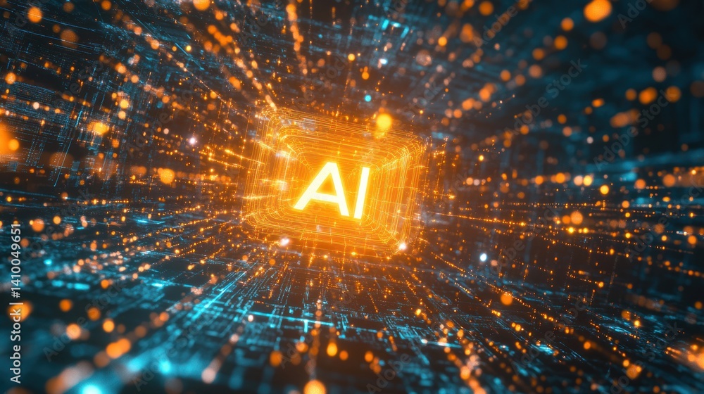 Poster an abstract representation of artificial intelligence with bright lights and digital elements, symbo