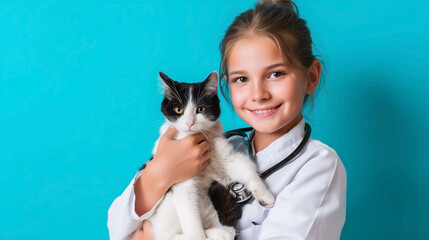 A young girl is holding a cat in her arms