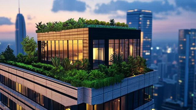 Modern rooftop garden apartment in a city skyline