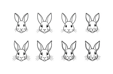 Set of Rabbit line drawing face on white background.