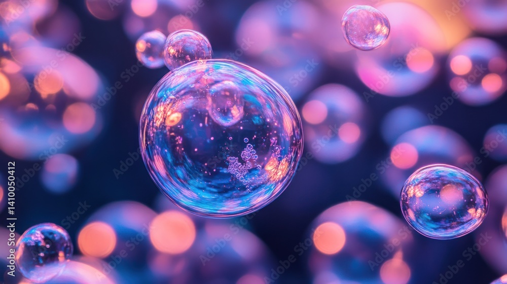 Poster beautifully illuminated bubbles floating in the air, creating a magical and colorful atmosphere agai