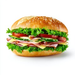 Close up of a sandwich with ham cheese and fresh vegetables inside isoleted on white background
